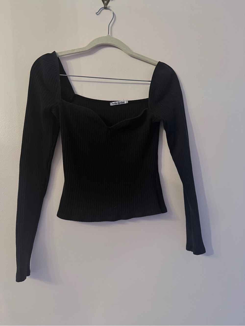 Reformation Sweetheart neckline Ribbed Long-Sleeve Knit Top - Black - Size M
